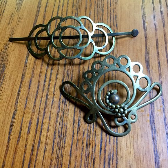 VTG Brass Stick Barrettes Boho 70s Hair Lot 2